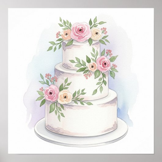 水彩スタイル結婚ズケーキアートプリント ポスター (正面)