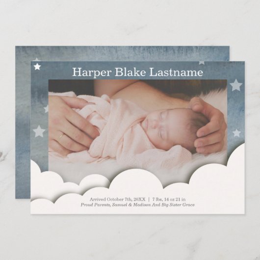 水彩スターベビー統計フォト誕生 案内状 (正面/裏面)