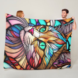 水彩ステンドグラススタイル猫 フリースブランケット