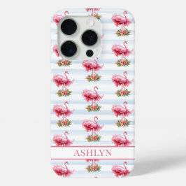 水彩ストライプの花とフラミンゴ iPhone 15 PROケース