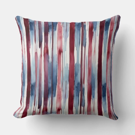 水彩ストライプ色の青とブルゴーニュ クッション (正面)