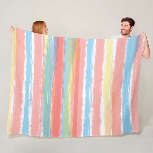 水彩ストライプ色ピンクブルーイエロー フリースブランケット (インサイチュ)