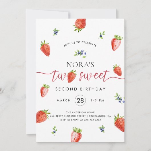 水彩ストロベリーツスウィート誕生日 招待状 (正面)