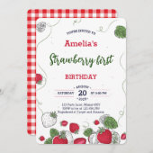 水彩ストロベリーファースト誕生日スイーツ 招待状 (正面/裏面)
