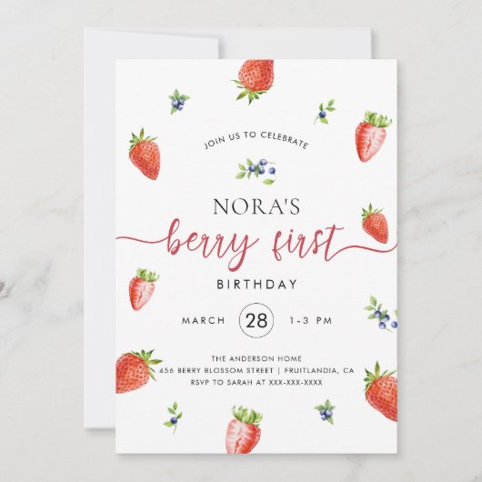 水彩ストロベリーファースト誕生日 招待状 (正面)