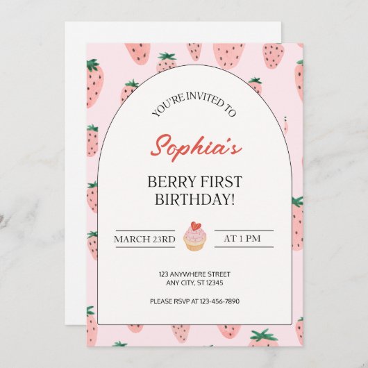 水彩ストロベリーファースト誕生日 招待状 (正面/裏面)