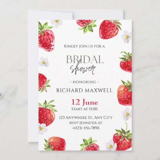 水彩ストロベリーブライダルシャワー招待 招待状 (正面)