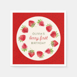 水彩ストロベリーベリー第1誕生日 スタンダードカクテルナプキン