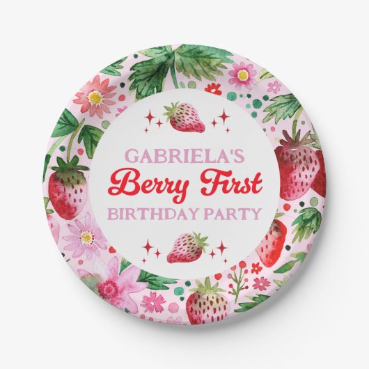 水彩ストロベリーベリー1st誕生日ガールズ ペーパープレート (正面)