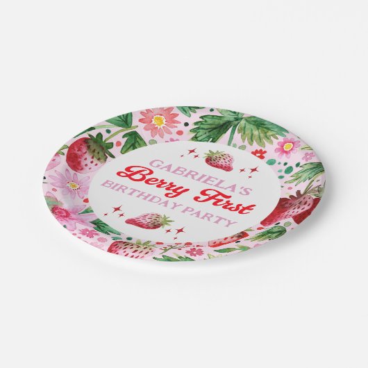 水彩ストロベリーベリー1st誕生日ガールズ ペーパープレート (アングル)