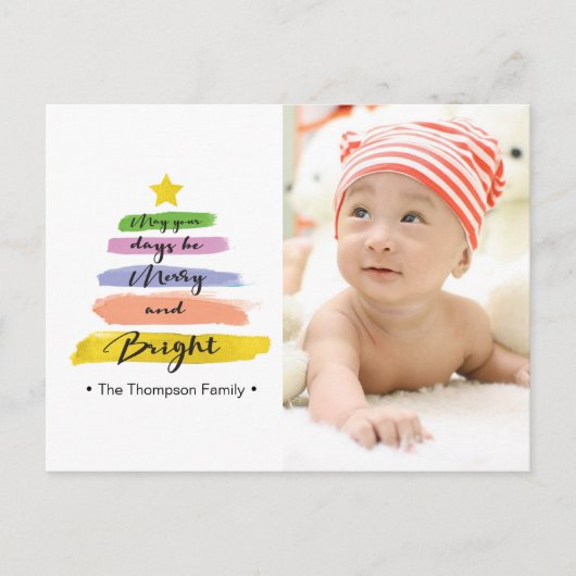 水彩ストローク、クリスマスツリー、スター、写真 シーズンポストカード (正面)