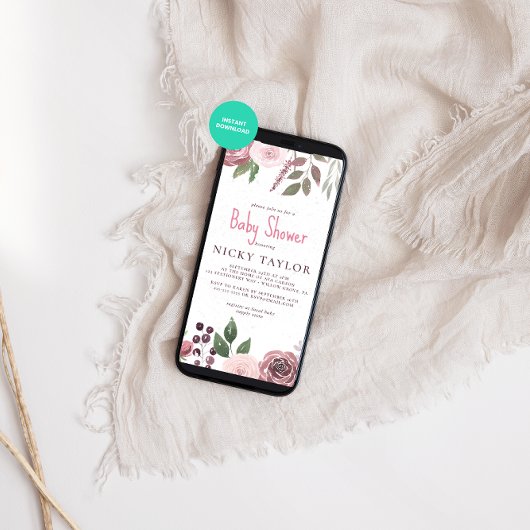 水彩スノーバーガンディ秋花赤ちゃんシャワー 招待状