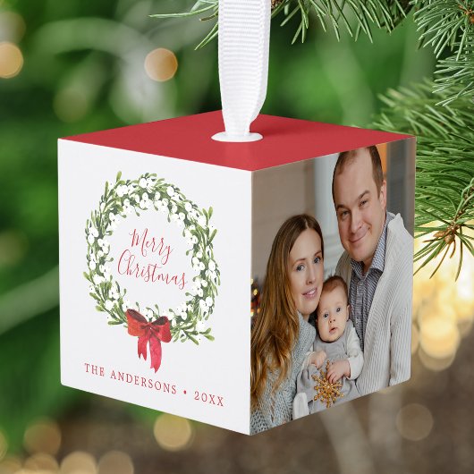 水彩スノーベリーグリーンリース写真 キューブオーナメント