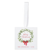 水彩スノーベリーグリーンリース写真 キューブオーナメント (正面)