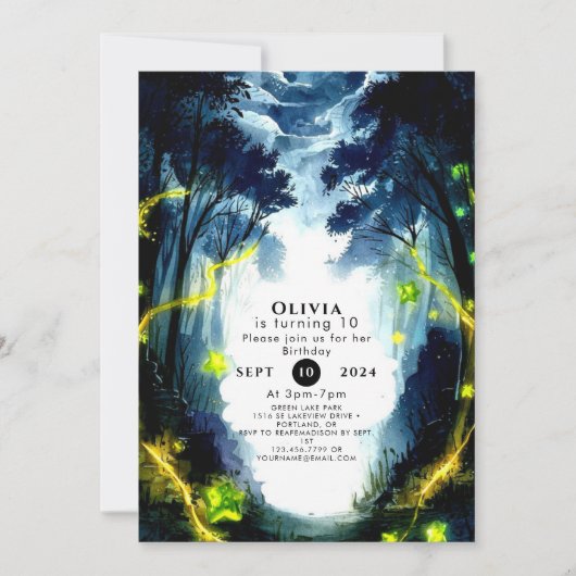 水彩スパークルウッドランド誕生日 招待状 (正面)