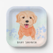 水彩スプラッシュボーイベビーシャワー付き可愛い子犬 ペーパープレート (正面)