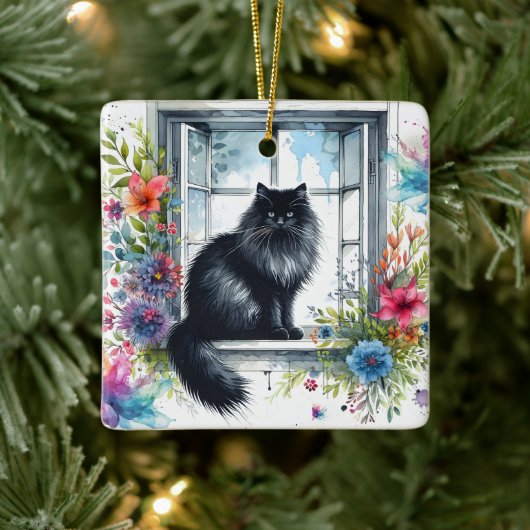 水彩スプラッシュ付きシベリア猫 セラミックオーナメント (ツリー)