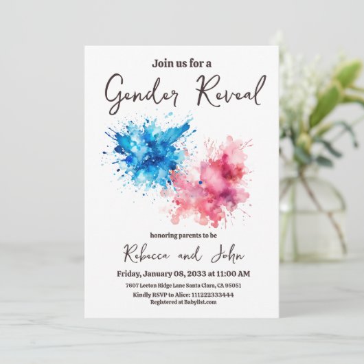 水彩スプラッシュ男の子または女の子のジェンダーの明け 招待状 (スタンド正面)