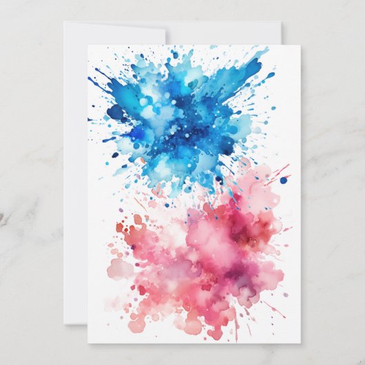 水彩スプラッシュ男の子または女の子のジェンダーの明け 招待状 (裏面)