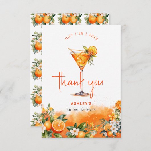 水彩スプリッツ オレンジの花 ブライダルシャワー サンキューカード (正面/裏面)