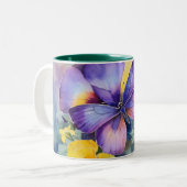 水彩スプリングタイムパープルバタフライセラミックマグカップ ツートーンマグカップ (正面左)