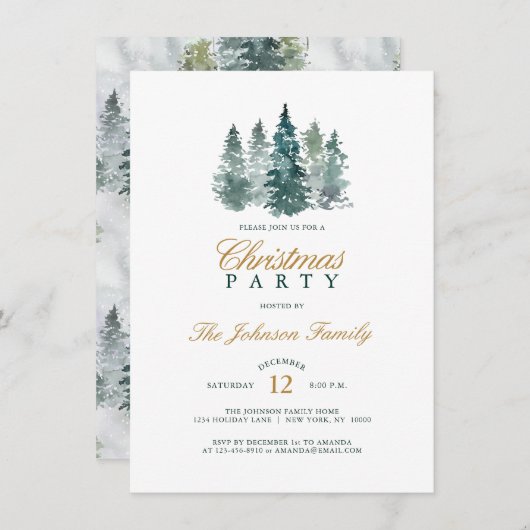 水彩スプ素朴ルースパインツリークリスマスパーティー 招待状 (正面/裏面)