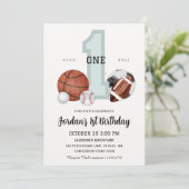 水彩スポーツ生まれ「ボールへ」第1誕生日 招待状 (スタンド正面)