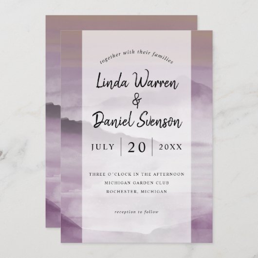 水彩スモーキー山脈赤面ピ結婚ンクインビ 招待状 (正面/裏面)