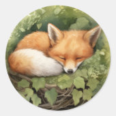 水彩スリーピングフォックス グリーンベイビーシャワー ラウンドシール (正面)