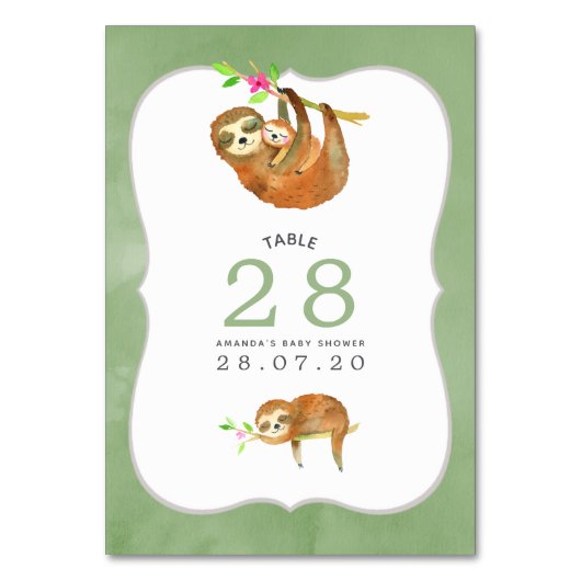 水彩スロースをテーマにしたベビシャワーテーブル番号 テーブルナンバー (正面)