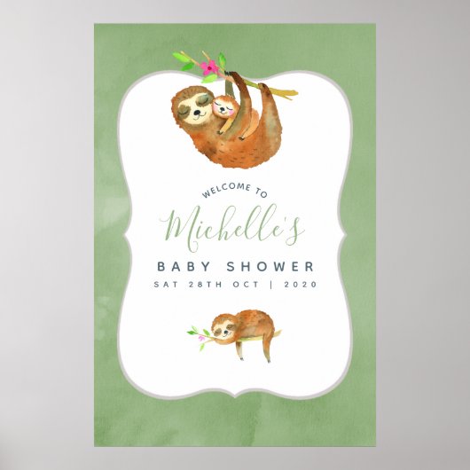 水彩スロースをテーマにしたベビースシャワーへようこそ ポスター (正面)