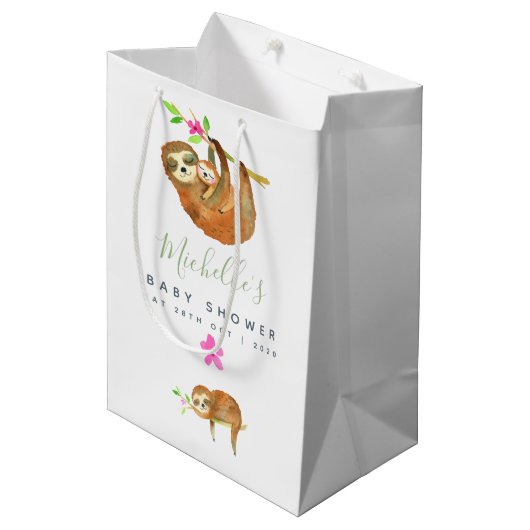 水彩スロースをテーマにしたベビースシャワー ミディアムペーパーバッグ (正面アングル)