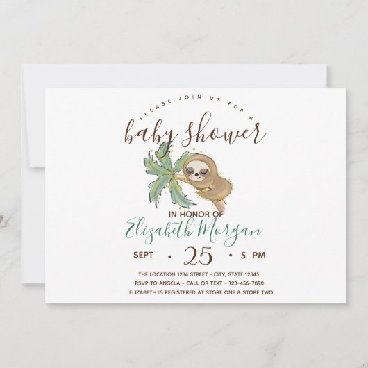 水彩スロース水玉模様ベビーシャワー 招待状 (正面)