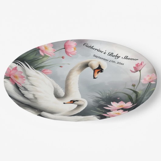 水彩スワンレイクピンクロータスフローラベビーシャワー ペーパープレート (アングル)