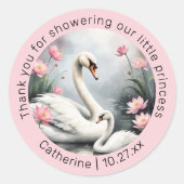水彩スワンレイクピンクロータスフローラベビーシャワー ラウンドシール (正面)