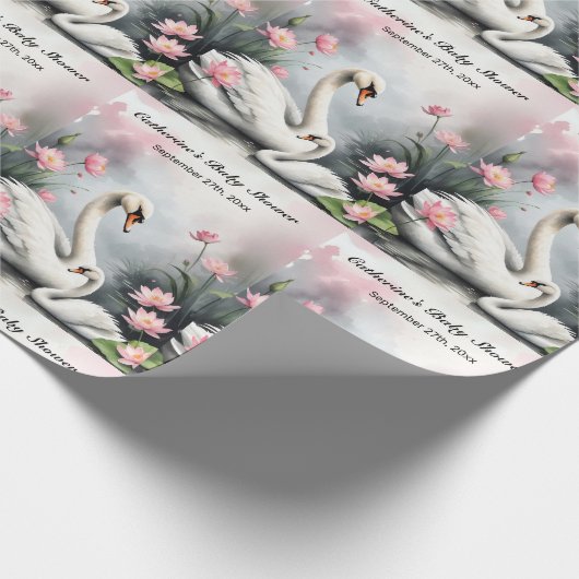 水彩スワンレイクピンクロータスフローラベビーシャワー ラッピングペーパー (角)