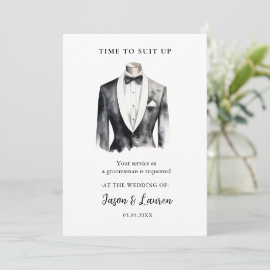 水彩スーツの結婚式伴郎募集カード 招待状 (スタンド正面)