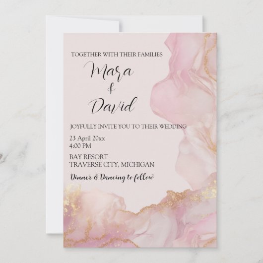 水彩セラピナピンクと金ゴールド結婚ズ 招待状 (正面)