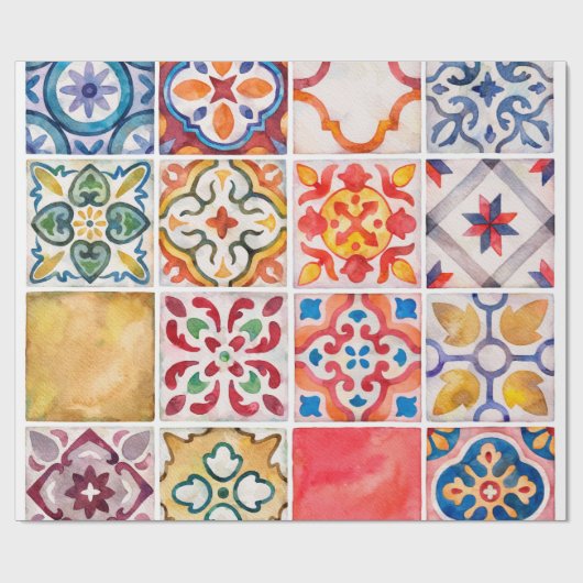 水彩セラミックタイルのコレクション。スクエアヴィンタグ ラッピングペーパー (フラット)