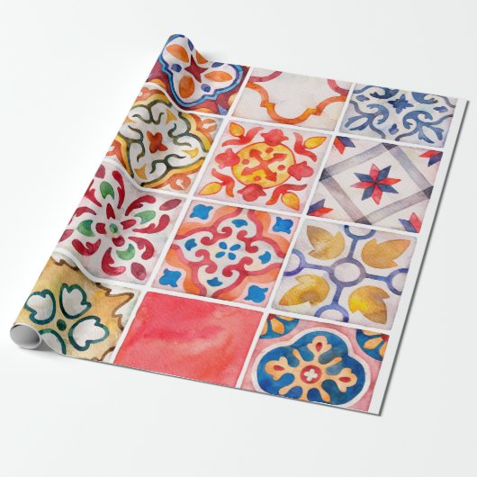 水彩セラミックタイルのコレクション。スクエアヴィンタグ ラッピングペーパー (アンロールド)