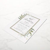 水彩セージの緑と金ゴールドの誕生日 箔招待状 (回転した状態)