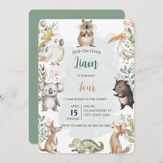水彩セージ緑オーストラリア動物誕生日 招待状 (正面/裏面)