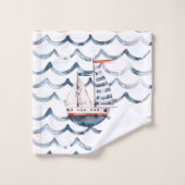 水彩セーラーレッドとブルーのトリプルモノグラム バスタオルセット (ウォッシュタオル)