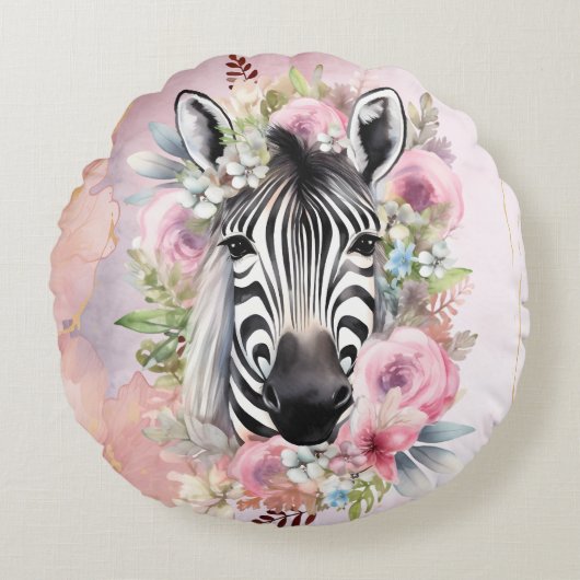 水彩ゼブラ及びフローラリース ラウンドクッション (正面)
