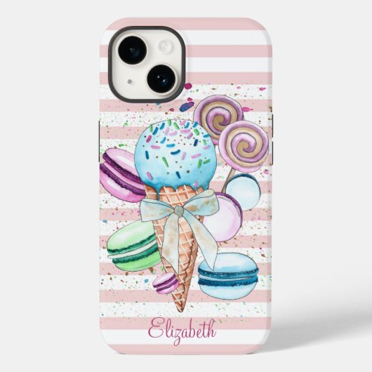 水彩ソフトクリーム、マカロン、ピンクのストライプ Case-Mate iPhoneケース (裏面)