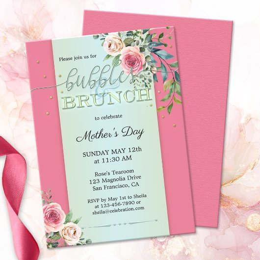 水彩ソフトピンクのバラと泡とブランチ 招待状