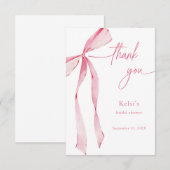 水彩ソフトピンクの弓のブライダルシャワー サンキューカード (正面/裏面)