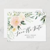 水彩ソフトピンクの桃色の花と葉のウェディング 案内ポストカード (正面/裏面)