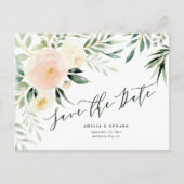 水彩ソフトピンクの桃色の花と葉のウェディング 案内ポストカード (正面)