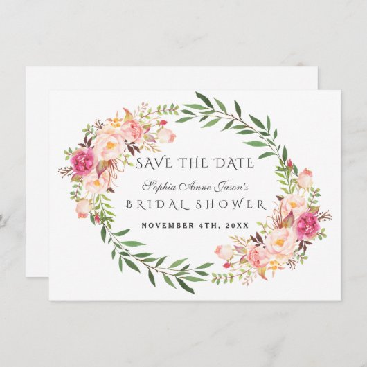 水彩ソフトピンクの花輪 ブライダルシャワー セーブザデート (正面/裏面)